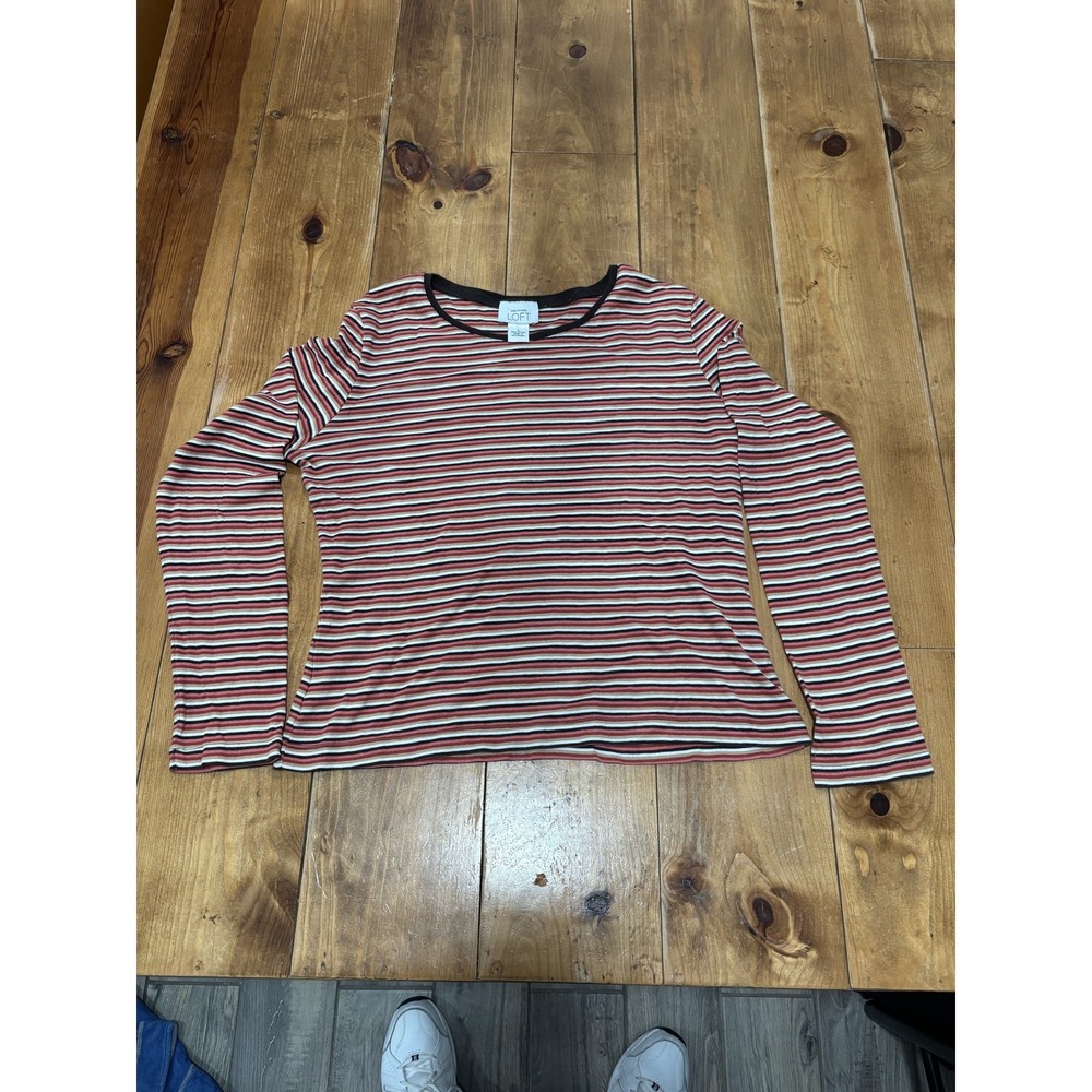 LOFT Women's Striped Long Sleeve T-Shirt Top Size L 100% Cotton Crew Neck